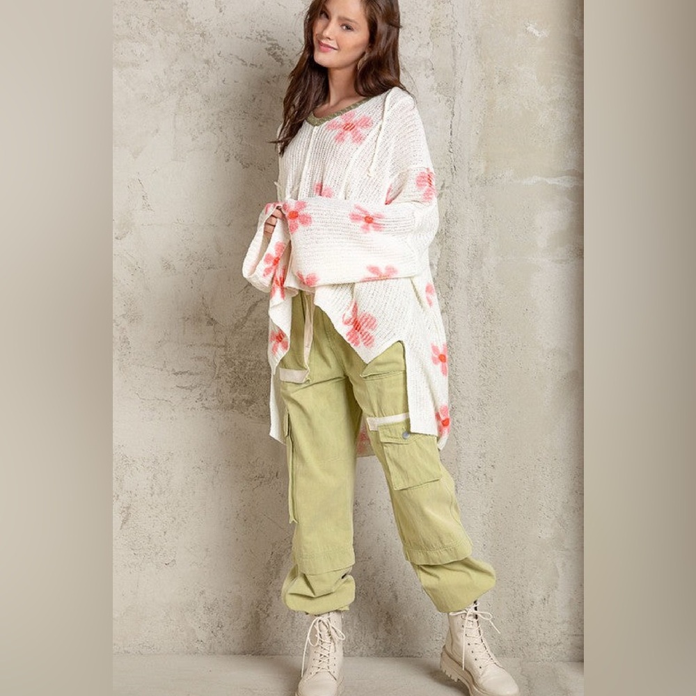 POL Floral White and Pink Sweater